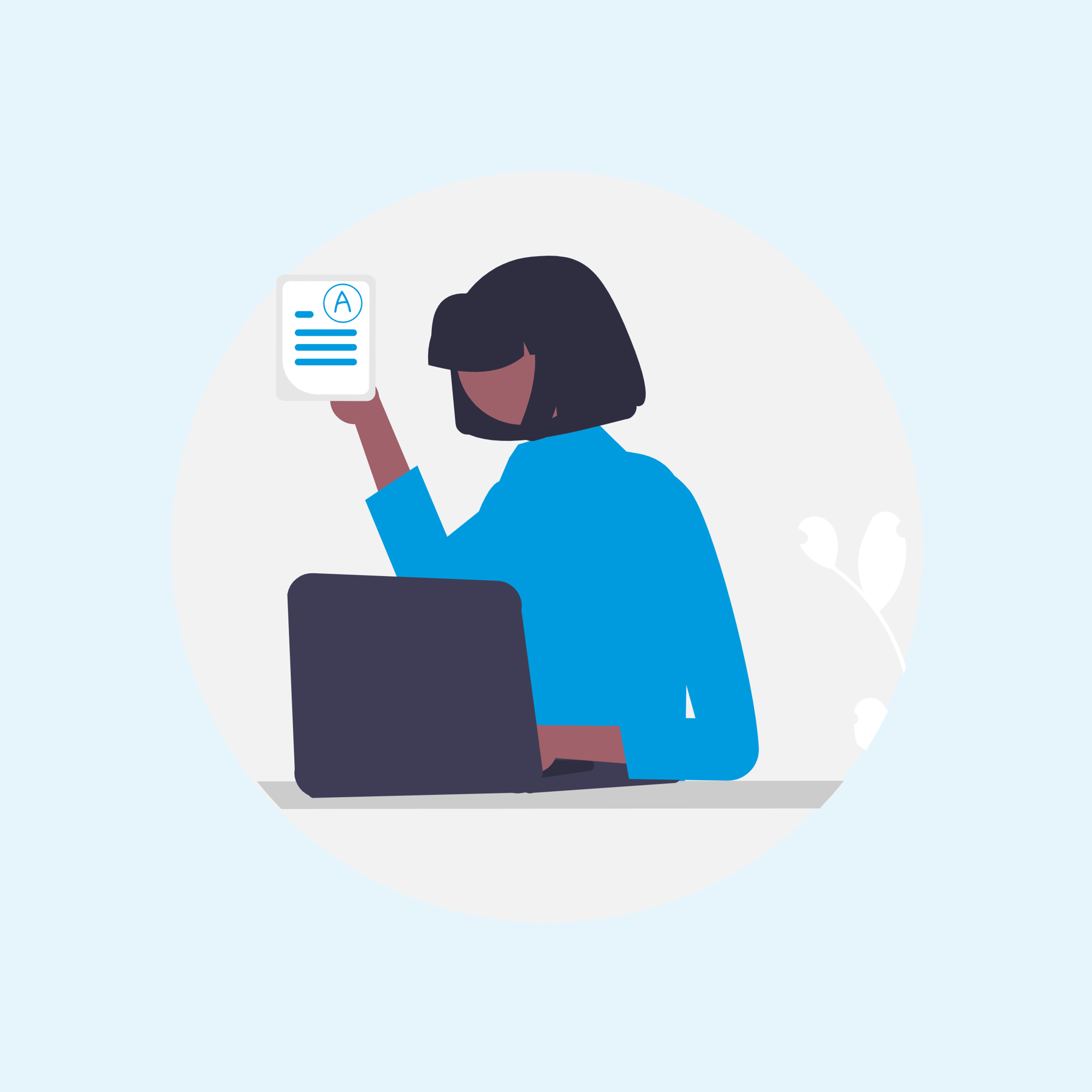 Graphic of person at laptop holding document in the air Graphic of person at laptop holding document in the air